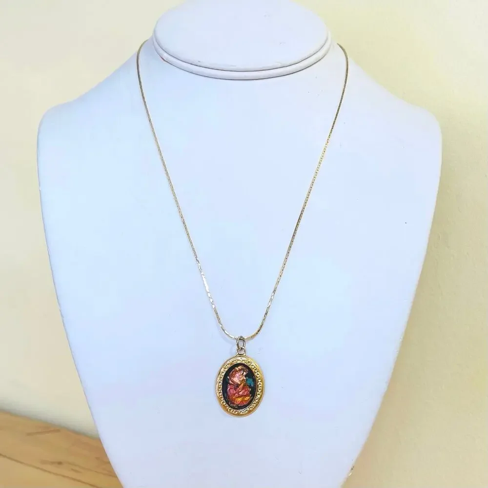 Necklace Pendant Vtg Foil Art Domed Rainbow Flake Victorian Style Ornate - Picture 2 of 12